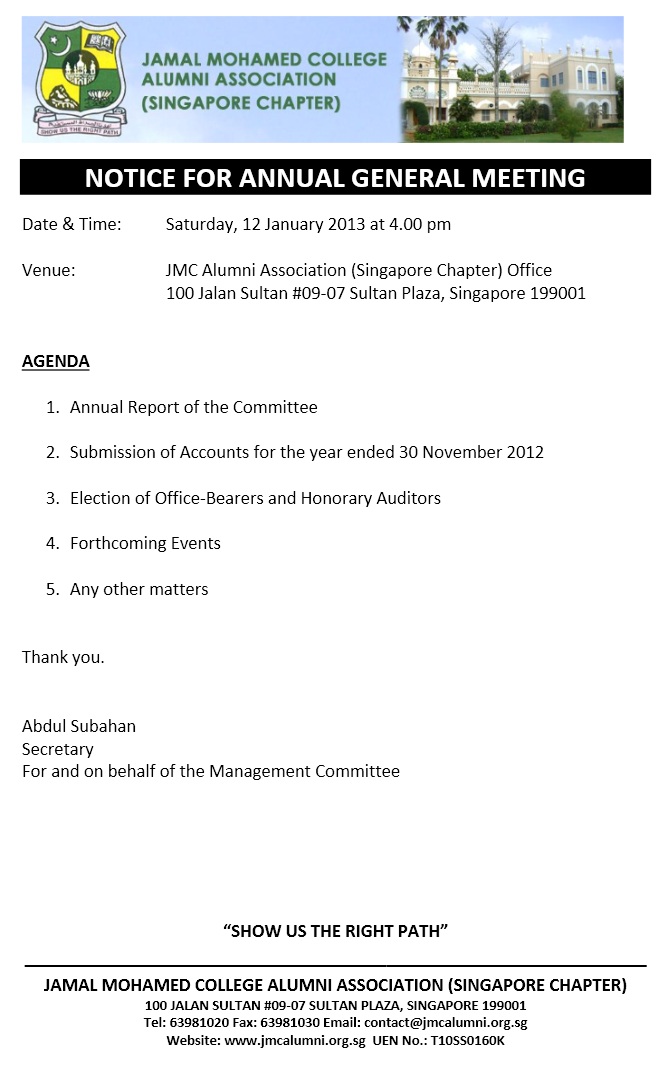 Notice for Annual General Meeting - 12 January 2013